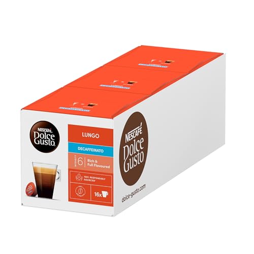 NESCAFÉ Dolce Gusto Lungo Decaffeinato, 48 Kaffeekapseln, Entkoffeiniert, 100% Arabica Bohnen aus Südamerika, Feine Crema, Aromaversiegelte Kapseln, 3er Pack (3x16 Kapseln) von NESCAFÉ Dolce Gusto