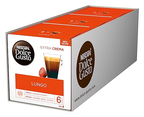 NESCAFÉ Dolce Gusto Lungo Kaffeekapseln (100 Prozent Arabica Bohnen, Feine Crema und kräftiges Aroma, Schnelle Zubereitung, Aromaversiegelte Kapseln), 3er Pack (3x16 Kapseln) von NESCAFÉ DOLCE GUSTO
