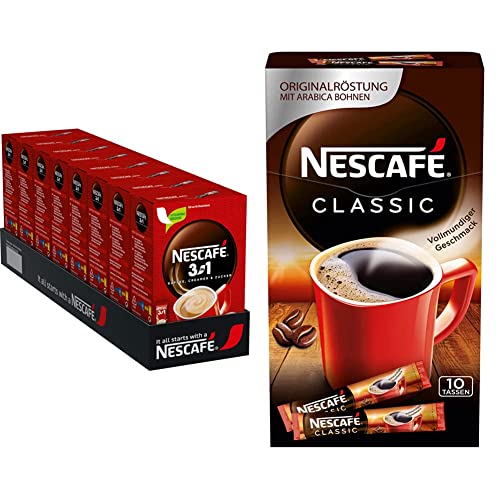 NESCAFÉ 3-in-1 Getränkepulver-Sticks, löslicher Bohnenkaffee mit Creamer & Zucker & CLASSIC Getränkepulver-Sticks, löslicher Bohnenkaffee aus mitteldunkel gerösteten Kaffeebohnen von NESCAFÉ