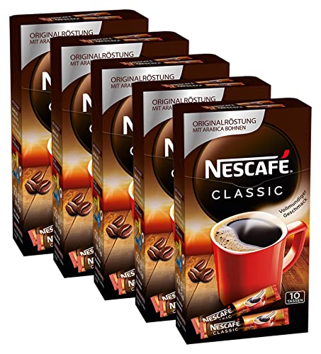 NESCAFÉ CLASSIC Getränkepulver-Sticks,löslicher Bohnenkaffee aus mitteldunkel gerösteten Kaffeebohnen,kräftiger Geschmack & intensives Aroma, koffeinhaltig,5er Pack ( 5x10 Getränkepulver-Sticks à 2g) von Nescafé