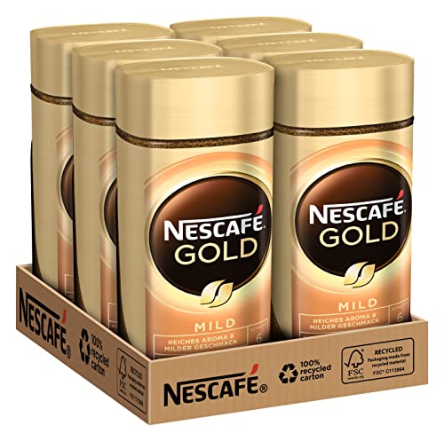 NESCAFÉ GOLD Mild, löslicher Bohnenkaffee, Instant-Kaffee aus erlesenen Kaffeebohnen, koffeinhaltig, 6er Pack (6x100g) von NESCAFÉ