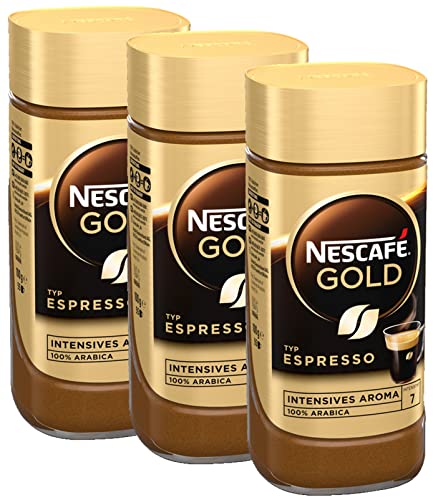 NESCAFÉ GOLD Typ Espresso, löslicher Instant-Espresso-Kaffee mit 100% feinen Arabica Kaffeebohnen, koffeinhaltig, mit samtiger Crema, 3er Pack (3x100g) von Nescafé