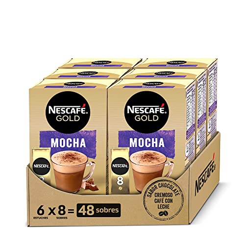 NESCAFÉ Goldener Mokka, cremiger löslicher Kaffee mit Magermilch, Cappuccino-Schokoladengeschmack, Packung mit 6 Hüllen mit 8 Beuteln, insgesamt 48 Beutel von NESCAFÉ