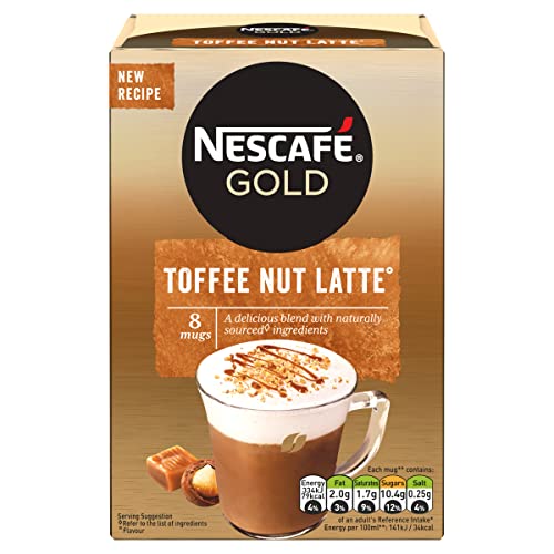 NESCAFÉ Toffee Nuss Latte Instant-Kaffee, 8 x 18,6 g Beutel, 100% verantwortungsvoll angebauter Kaffee (6 Stück) von NESCAFÉ