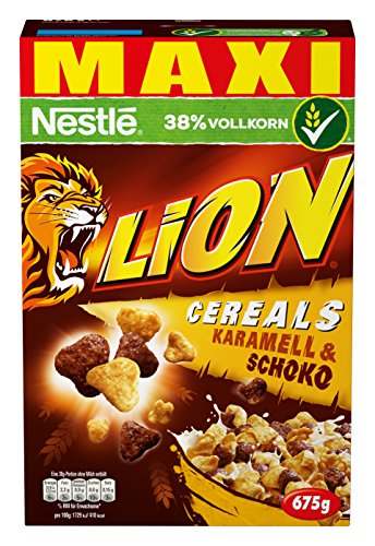 Nestlé Lion Cereals | Schoko Müsli mit Karamell | 38% vitales Vollkorn | Mit Vitaminen und Mineralstoffen | Crunchy Knusper Flakes | Vorratspackung | (1 x 675 g) von NESTLE