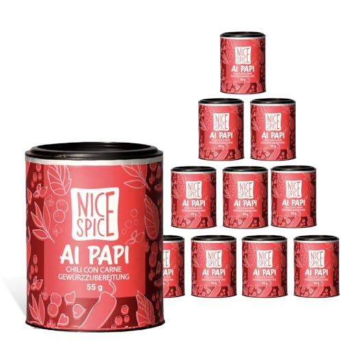 NICE SPICE Chili con Carne Gewürz, 10 Dosen (10 x 55g), Würzmischung für mexikanische Gerichte, Tacos, Burritos, Geschenk für Hobbyköche, Gewürzvorrat von NICE SPICE