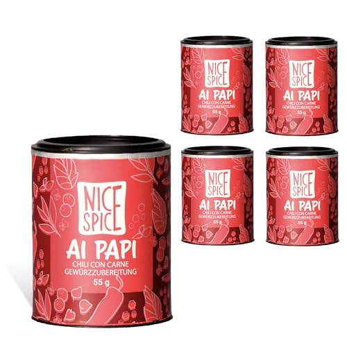 NICE SPICE Chili con Carne Gewürz, 5 Dosen (5 x 55g), Würzmischung für mexikanische Gerichte, Tacos, Burritos, Geschenk für Hobbyköche, Gewürzvorrat von NICE SPICE