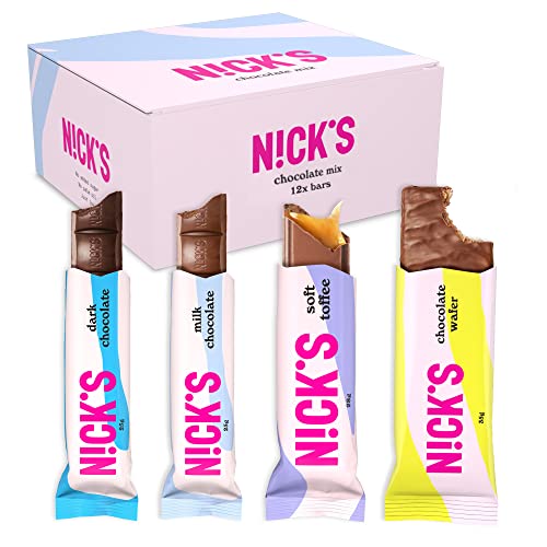 NICKS Schokolade Keto Riegel Chocolate Mix box mit Schokoriegel ohne Zuckerzusatz, Glutenfrei, Low carb Süßigkeiten Palmölfrei (Probierpaket mit 12 Snacks bars) von N!CK'S