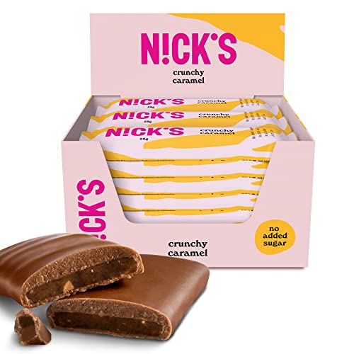NICKS Keto Riegel Crunchy Caramel, Schokolade Mandel Karamell Snacks 88 Kalorien, 1,8 Net carbs, ohne Zuckerzusatz, Glutenfrei, Low carb Süßigkeiten (21x28g) von N!CK'S