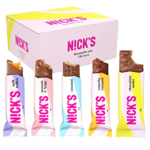 NICKS Schokolade Keto Riegel ohne Zuckerzusatz, Favoriten Mix box mit Schokoriegel Glutenfrei, Low carb Süßigkeiten ohne Palmöl (12 Snacks bars) von N!CK'S