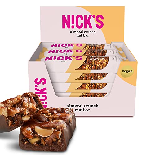 NICKS Keto Riegel Almond crunch, vegane Schokolade Mandel-Nuss-Riegel,173 Kalorien, 2,8 Net carbs, ohne Zuckerzusatz, Glutenfrei, Low carb Süßigkeiten (12x40g) von N!CK'S