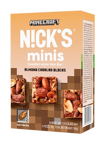 NICKS Minecraft Minis, Mandel Schokolade Blöcke, ohne Zuckerzusatz, glutenfrei, ohne Palmöl, vegane Nuss-Snackriegel 160g (8x20g) von N!CK'S