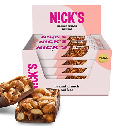 NICKS Keto Riegel Peanut crunch, vegane Schokolade Erdnüss-Nuss-Riegel,176 Kalorien, 3,7 Net carbs, ohne Zuckerzusatz, Glutenfrei, Low carb Süßigkeiten (12x40g) von N!CK'S