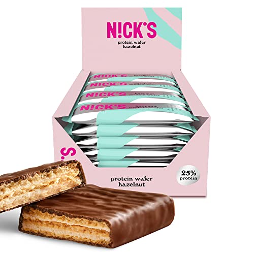 NICKS Protein Wafer Riegel Haselnuss | 25% Eiweiß | 203 Kalorien | Low carb Proteinriegel Schokolade Snacks ohne Zuckerzusatz Glutenfrei (24 Eiweißriegel x 40g) von N!CK'S