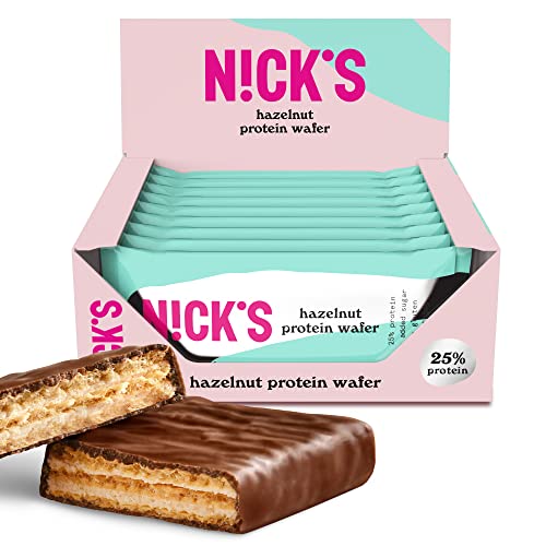 NICKS Protein Wafer Riegel Haselnuss | 25% Eiweiß | 203 Kalorien | Low carb Proteinriegel Schokolade Snacks ohne Zuckerzusatz Glutenfrei (9 Eiweißriegel x 40g) von N!CK'S