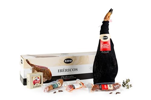 Iberischer Eichelschinken – 50 % IBERISCHE RASSE min. 27 Monate Heilung + Iberische Köderfilte + Iberische Wurst + Iberische Wurst + Schafskäse + verzierte Schachtel von NICO JAMONES