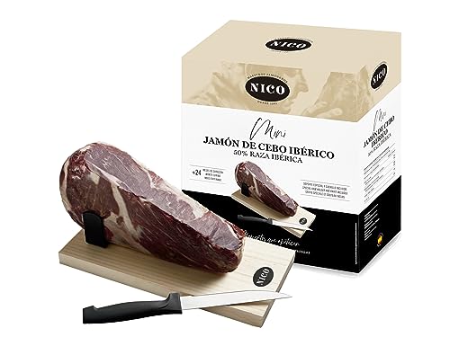 Mini-Schinken Ibérico de Cebo + Ständer + Messer. 1 kg approx. mit einer Reifung von mehr als 24 Monaten. von NICO JAMONES