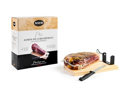 Mini-Schinken Ibérico de Cebo + Ständer + Messer. 1 kg approx. mit einer Reifung von mehr als 24 Monaten. von NICO JAMONES