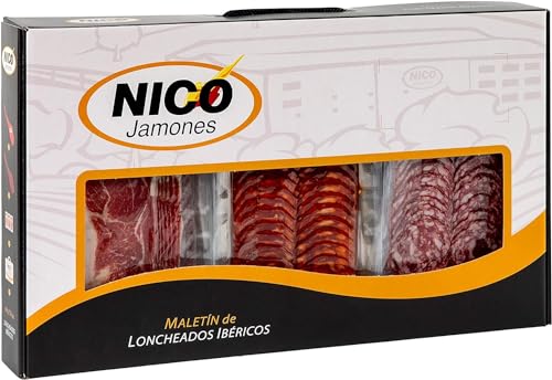 PACK SORTIMENT IBÉRICO-AUFSCHNITT bestehend aus 24 Verpackung mit 80 g (Vorderschinken Cebo Ibérico + Chorizo + Salchichón). Sie können die Aromen unserer iberischen Produkte entdecken. von NICO JAMONES