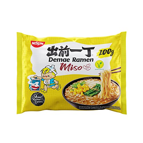 NISSIN Demae Ramen – Miso, 10er Pack, Instant-Nudeln japanischer Art, mit Miso-Geschmack und asiatischen Gewürzen,vegetarisch, schnell und einfach zubereitet, asiatisches Essen (10 x 100 g) von NISSIN