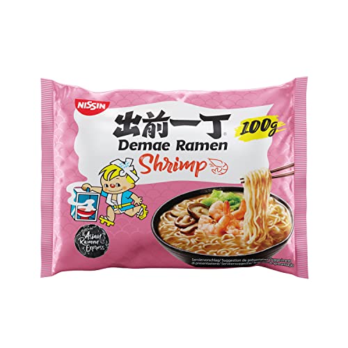 NISSIN Demae Ramen – Shrimp, 10er Pack, Instant-Nudeln japanischer Art, mit Shrimp-/Crevetten-Geschmack und asiatischen Gewürzen, schnell und einfach zubereitet, asiatisches Essen (10 x 100 g) von NISSIN