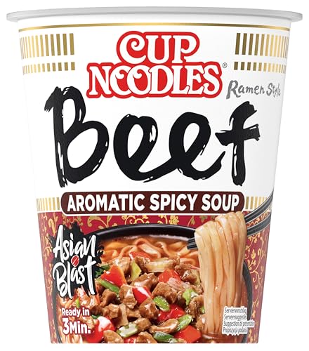 Nissin Cup Noodles – Beef, Einzelpack, Soup Style Instant-Nudeln japanischer Art, mit Rindfleisch-Geschmack & Gewürzen, schnell im Becher zubereitet, asiatisches Essen (1 x 64 g) von Nissin