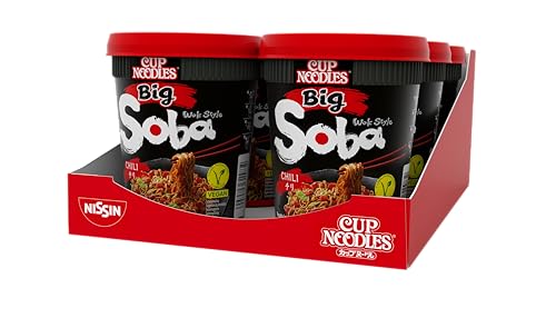 Nissin Cup Noodles Soba BIG – Chili, 6er Pack, Wok Style Instant-Nudeln japanischer Art, mit Chili-Sauce, -Schoten & Gemüse, schnell im Becher zubereitet, asiatisches Essen, große Portion (6 x 115 g) von NISSIN