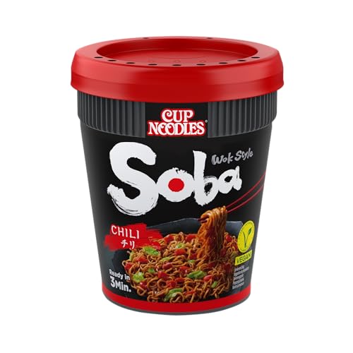 Nissin Cup Noodles Soba Cup – Chili, 8er Pack, Wok Style Instant-Nudeln japanischer Art, mit Chili-Sauce, -Schoten & Gemüse, schnell im Becher zubereitet, asiatisches Essen (8 x 90 g) von NISSIN