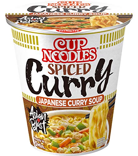 Nissin Cup Noodles – Spiced Curry, 8er Pack, Soup Style Instant-Nudeln japanischer Art, mit Hühnerfleisch-Geschmack, Curry & Gemüse, schnell im Becher zubereitet, asiatisches Essen (8 x 63 g) von NISSIN