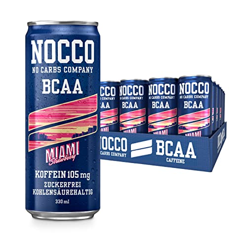 NOCCO BCAA energy drink 24er pack – zuckerfrei, vegan Energy Getränk mit Koffein, Vitaminen und Aminosäuren – Caribbean Ananas, 24 x 330ml inkl. Pfand (Miami) von NOCCO