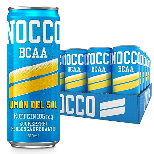 NOCCO BCAA energy drink 24er pack – zuckerfrei, vegan Energy Getränk mit Koffein, Vitaminen und Aminosäuren – Zitronengeschmack, 24 x 330ml inkl. Pfand (Limon Del Sol) von NOCCO