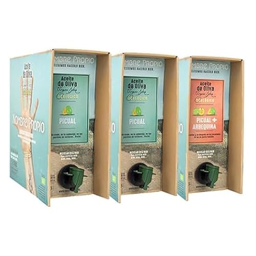 NOMBRE PROPIO Pack Natives Olivenöl Extra Bio - Olivenöl 9 lite - 100% Spanisch 3L Picual + 3L Picual + 3L Arbequina/Picual + Ölkanne - Bag-in-Box-Format 3L - Reich an Polyphenolen. von NOMBRE PROPIO