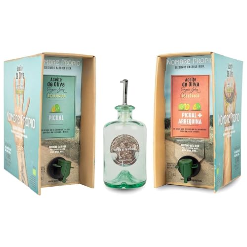 NOMBRE PROPIO Pack Natives Olivenöl Extra Bio - 100% Spanisch 3L Picual & 3L Arbequina/Picual - Bag-in-Box-Format 3L - Olivenöl 6 lite - Reich an Polyphenolen. Europäische Zertifizierung von NOMBRE PROPIO