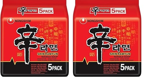 Nong Shim Instantnudeln Shin Ramyun – Koreanische Rindfleisch Ramen Suppe sehr scharf - schnelle Zubereitung – 1er Multipack - 5 x 120g (Packung mit 2) von NONG SHIM