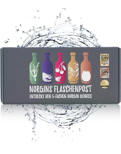 Gin Probierbox von NORGIN - 5 x 5cl Flaschenpost | Geschenk | Geschenkbox | Feiner Gin von der Norddeutschen Küste | Queller Salz Kirsche Minze Orange Bittermandel Marzipan Eierlikör Gin Probierbox von NORGIN - 5 x 5cl Flaschenpost | Geschenk | Geschenkbox | Feiner Gin von der Norddeutschen Küste | Queller Salz Kirsche Minze Orange Bittermandel Marzipan Eierlikör von NORGIN