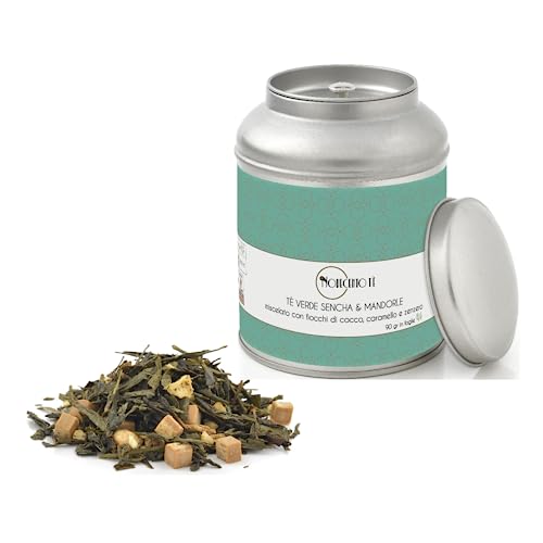 Novecento Tè® | Sencha Grüner Tee in Blättern und Mandeln - 90 Gr | Grüne Sencha-Mandeln, Karamell, Ingwer | Mischung aus grünem Tee, Mandeln und Gewürzen in Metalldose von NOVECENTO TE'