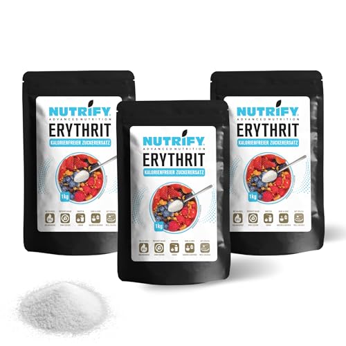 NUTRIFY Erythrit 3x 1kg kalorienfreier Zucker - 100% vegan Zuckeralternative Erythritol low-carb light Zuckerersatz - Alternative zum Kochen & Backen, 3000g von NUTRIFY