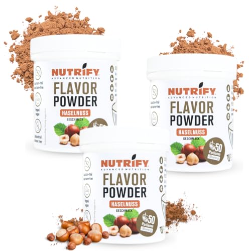 NUTRIFY Flavour Powder 3x150g, Geschmackspulver Haselnuss - kalorienreduziert und ballaststoffreich, nur 6.22 kcal pro Portion, Zum Süßen, Backen & Verfeinern von Lebensmitteln, 3er Set von NUTRIFY