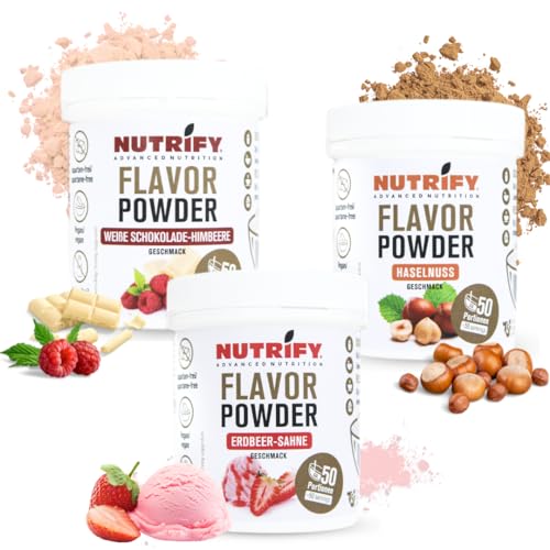 NUTRIFY Flavour Powder 3x150g, Geschmackspulver Bundle Set 2 - Haselnuss, Erdbeere Sahne & Weiße Schokolade-Himbeere - Ideal zum Süßen, Backen & Verfeinern von Speisen und Getränken- Kalorienarm von NUTRIFY