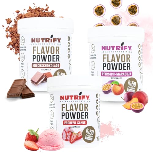 NUTRIFY Flavour Powder 3x150g, Geschmackspulver Bundle Set 4 - Pfirsich Maracuja, Erdbeer Sahne & Lemon Sorbet - Ideal zum Süßen, Backen & Verfeinern von Speisen und Getränken- Kalorienarm von NUTRIFY