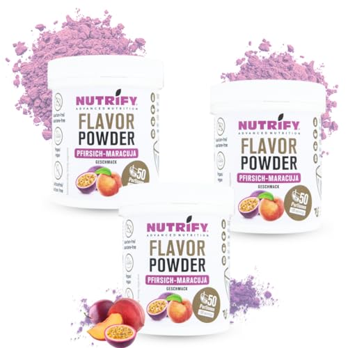 NUTRIFY Flavy Powder 3x150g, Geschmackspulver Pfirsich Maracuja - kalorienreduziert und ballaststoffreich, nur 6.04 kcal pro Portion, Zum Süßen, Backen & Verfeinern von Lebensmitteln, 3er Set von NUTRIFY