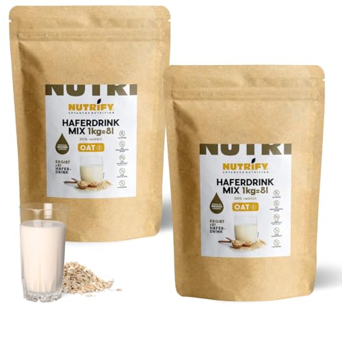 NUTRIFY Haferdrink-Pulver glutenfrei 2 x 1000 g, Hafergetränk zum selber Mixen, Ergibt bis zu 16 Liter, 85% weniger Verpackungsmüll, Ohne Zuckerzusatz, Vegan, Natürlich, 2er Pack von NUTRIFY