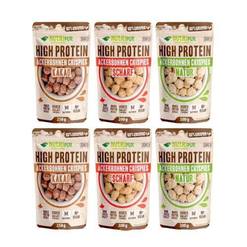 High Protein Ackerbohnen Crispies: 2x 120g Ackerbohnen Kakao - 2x 100g Ackerbohnen scharf - 2x 100g Ackerbohnen natur - High Protein Snack - Ideal als Protein Topping - vegan - glutenfrei High Protein Ackerbohnen Crispies: 2x 120g Ackerbohnen Kakao - 2x 100g Ackerbohnen scharf - 2x 100g Ackerbohnen natur - High Protein Snack - Ideal als Protein Topping - vegan - glutenfrei von NUTRIPUR