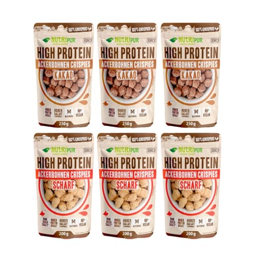 High Protein Ackerbohnen Crispies: 3x 120g Ackerbohnen Kakao - 3x 100g Ackerbohnen scharf - High Protein Snack - Ideal als Protein Topping - vegan - glutenfrei - Geschenkset von NutriPur High Protein Ackerbohnen Crispies: 3x 120g Ackerbohnen Kakao - 3x 100g Ackerbohnen scharf - High Protein Snack - Ideal als Protein Topping - vegan - glutenfrei - Geschenkset von NutriPur von NUTRIPUR