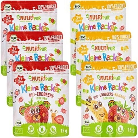 BIO Frucht Snack für Kinder: 6x15g Bananen und Erdbeeren Gefriergetrocknet – Gefriergetrocknete Früchte – Getrocknete Früchte – Kleine Racker NutriPur von NUTRIPUR