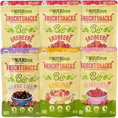 BIO Gefriergetrocknete Früchte 6er Set - Getrocknete Beeren und exotische Früchte - Trockenobst und Beeren gefriergetrocknet, ungezuckert & ungeschwefelt - 6 Packungen Getrocknete Früchte á 25g von NUTRIPUR