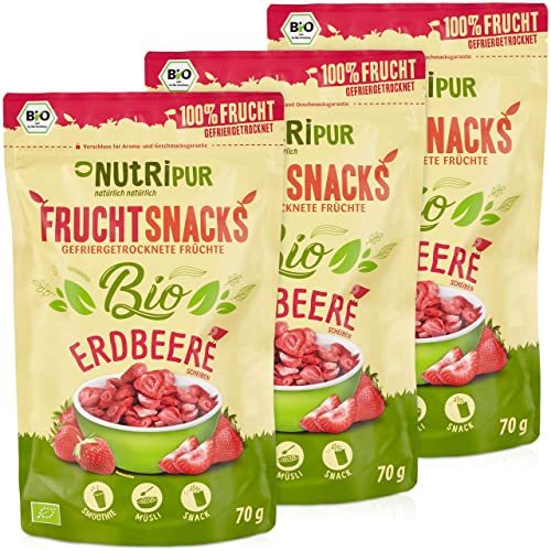 BIO Gefriergetrocknete Früchte: 3 x 70g BIO gefriergetrocknete Erdbeeren für Smoothie Bowl, Müsli, Porridge Topping – Gefriergetrocknete Beeren ohne Zucker Zusatz, Erdbeeren gefriergetrocknet NutriPur von NUTRIPUR