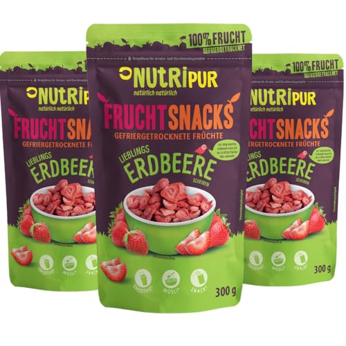 Erdbeeren gefriergetrocknet 3x300g: getrocknete Erdbeerscheiben ungezuckert - Gefriergetrocknete Erdbeeren mit purer Frucht, voller Geschmack, Beeren gefriergetrocknet von NUTRIPUR