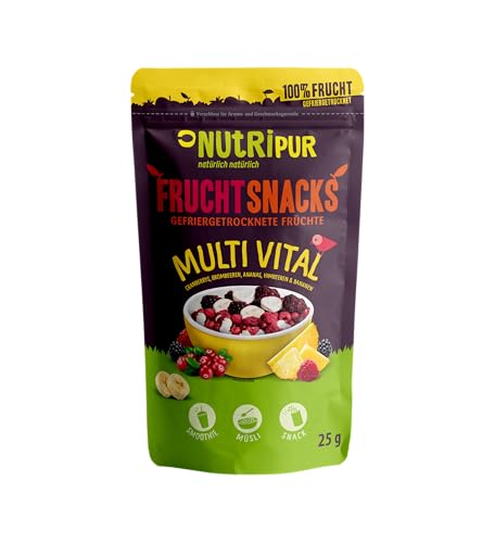 FruchtSnacks „Multi Vital“ Früchte-Mix gefriergetrocknet 100g I Getrocknete Beeren und Früchte ungezuckert I Mischung aus Himbeeren, Brombeeren, Ananas, Cranberries und Bananen I 100% Frucht von NUTRIPUR