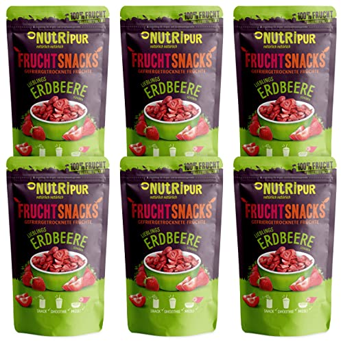 Gefriergetrocknete Erdbeeren 6er Set - Getrocknete Erdbeeren - Trockenobst und Beeren gefriergetrocknet, ungezuckert & ungeschwefelt - 6 Packungen Getrocknete Erdbeeren á 25g von NUTRIPUR